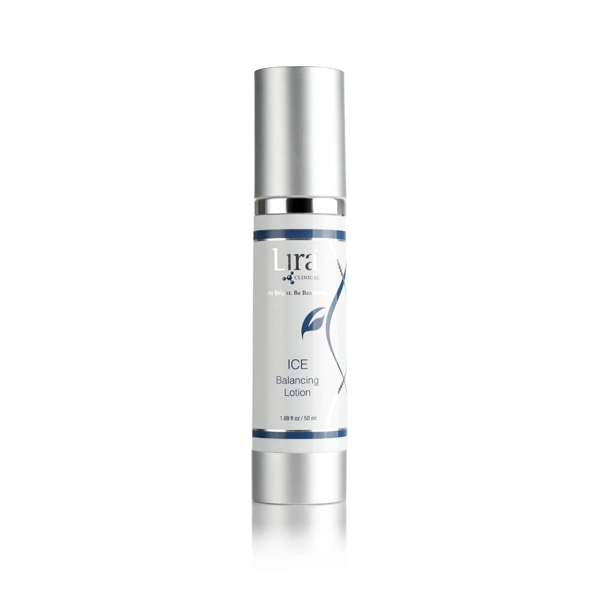 A silver cylindrical cosmetic bottle of Ula Cosmetics Ice Balancing Lotion on a clean white background.