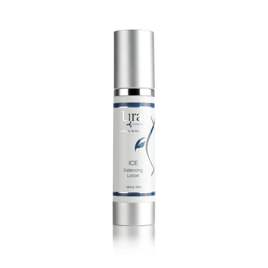 A silver cylindrical cosmetic bottle of Ula Cosmetics Ice Balancing Lotion on a clean white background.