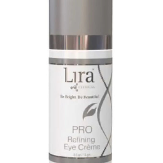 A cylindrical cosmetic bottle of Lira Cosmetics Pro Retining Eye Crème, featuring a white label with black text and a metallic silver cap and base, set against a plain white background.