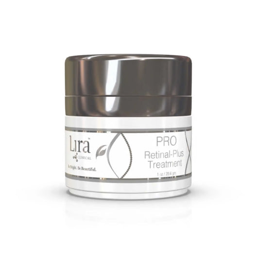 Lira Clinical PRO Retinal-Plus Treatment skincare cream jar on a white background.