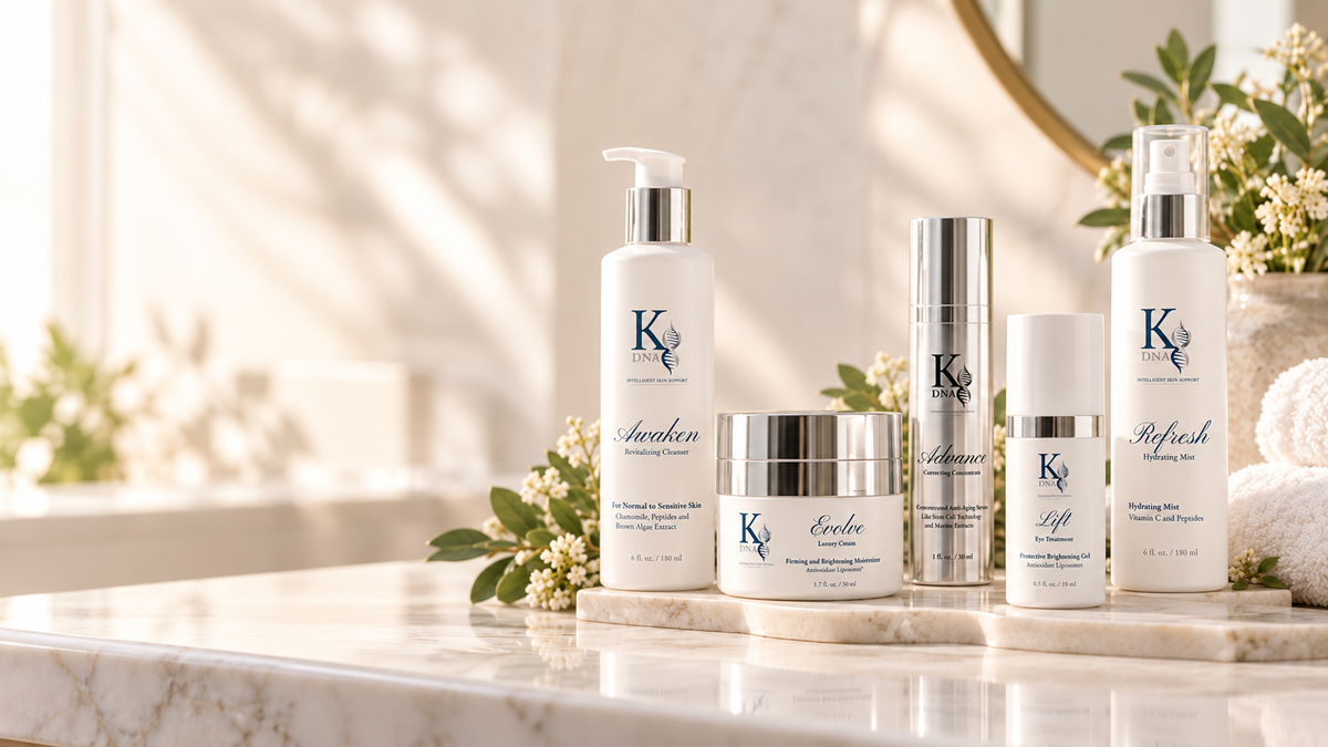 A set of KDNA skincare products arranged on a marble surface in a bright, sunlit bathroom-like setting with soft shadows, flowers, and towels in the background. The products include a pump bottle, a tall cylindrical bottle, a jar, a small bottle, and a larger spray bottle, in white and silver packaging with blue KQ branding.