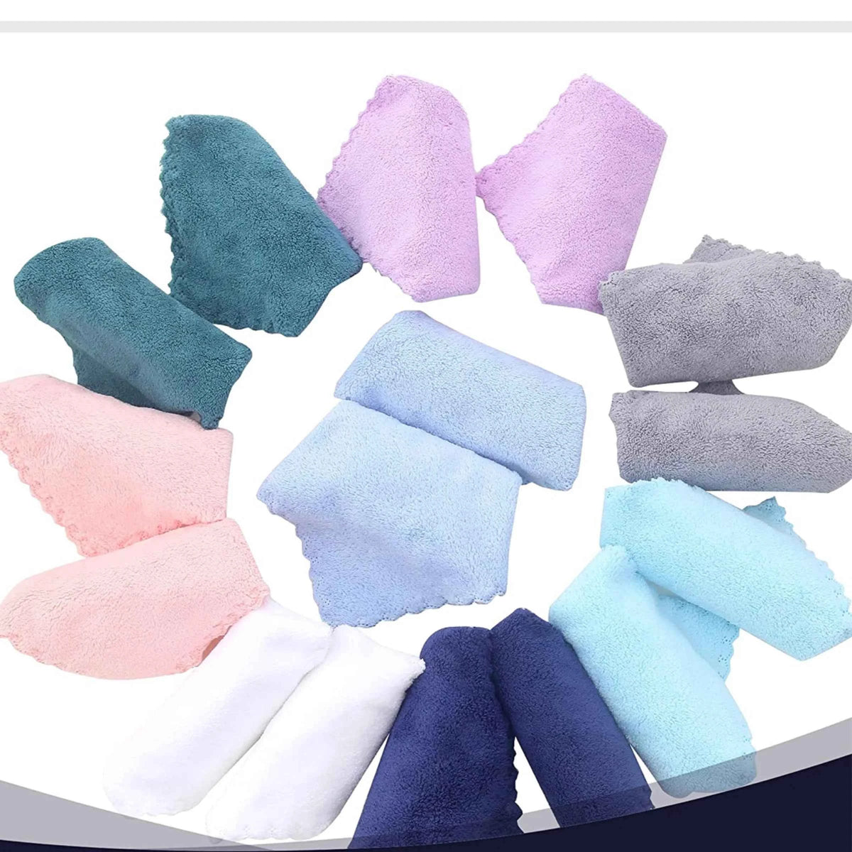 A set of multiple microfiber cloths in assorted colors including teal, pink, purple, gray, light blue, navy, and white, arranged in a circular pattern on a white background.