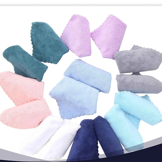 A set of multiple microfiber cloths in assorted colors including teal, pink, purple, gray, light blue, navy, and white, arranged in a circular pattern on a white background.