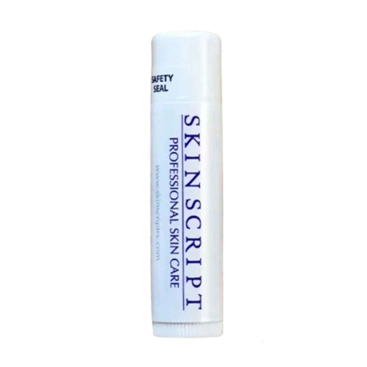 A white tube of Skinscript Professional Skin Care lip balm or lip treatment, featuring blue text and a white cap, isolated on a white background.