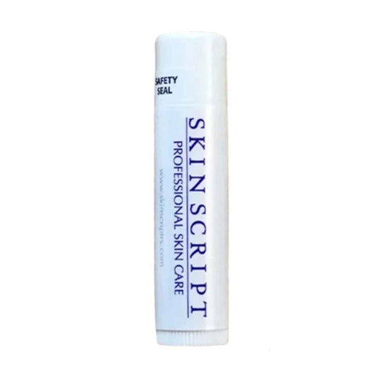 A white tube of Skinscript Professional Skin Care lip balm or lip treatment, featuring blue text and a white cap, isolated on a white background.
