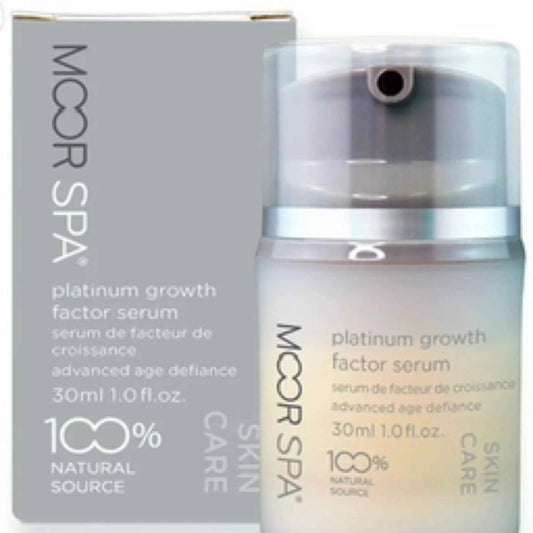 MOOR SPA Platinum Growth Factor Serum 30ml bottle next to its gray packaging box, featuring a clear cap and frosted bottle with white and light beige serum visible inside.