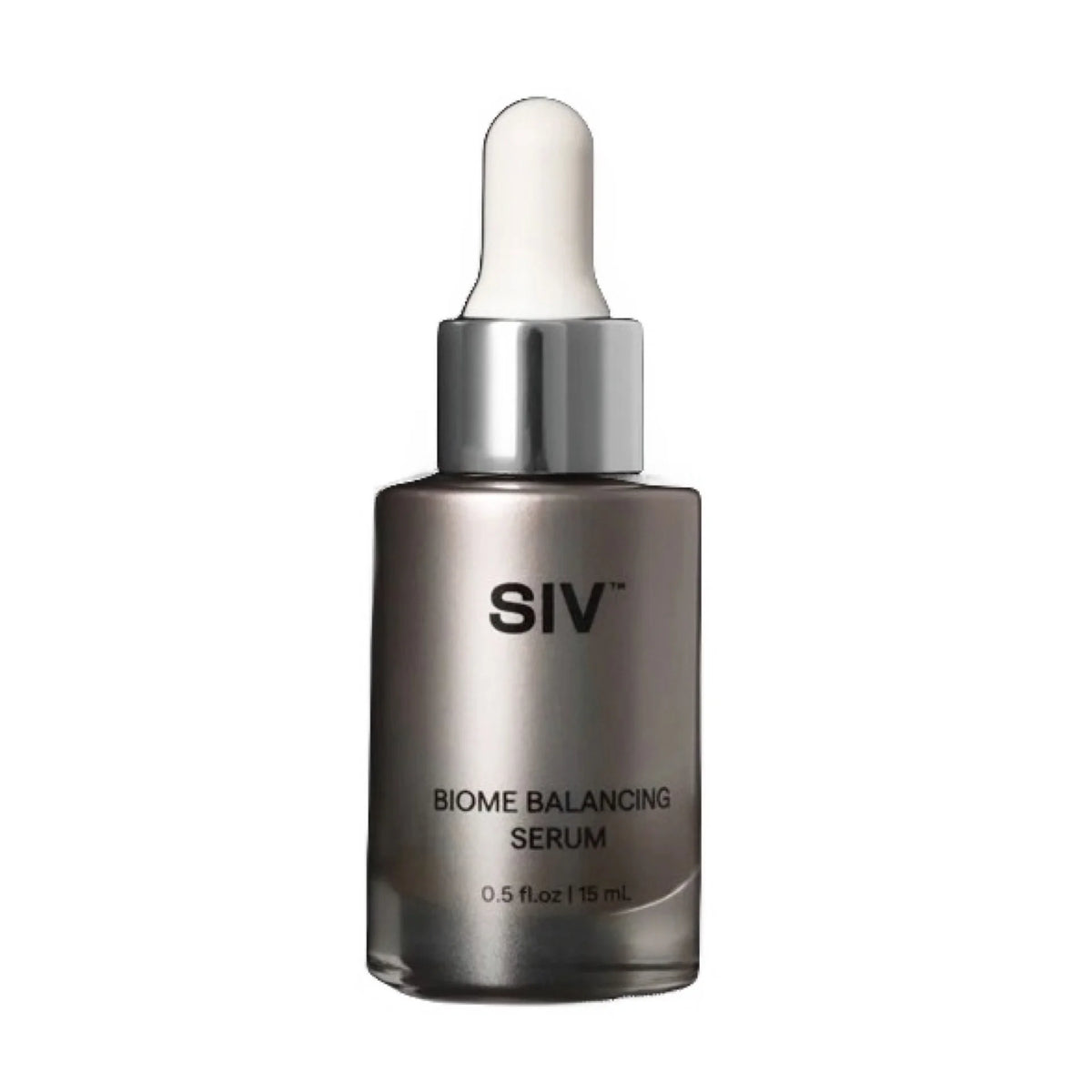 SIV Biome Balancing Serum in a 15 ml glass dropper bottle with a metallic silver-gray body, silver collar, and white rubber dropper top, shown on a plain white background.