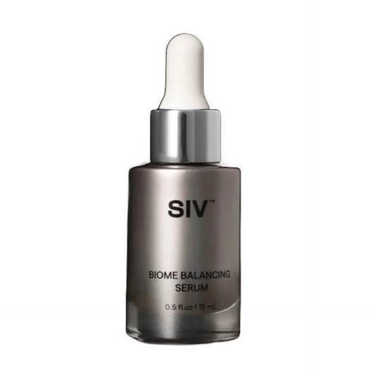 SIV Biome Balancing Serum in a 15 ml glass dropper bottle with a metallic silver-gray body, silver collar, and white rubber dropper top, shown on a plain white background.