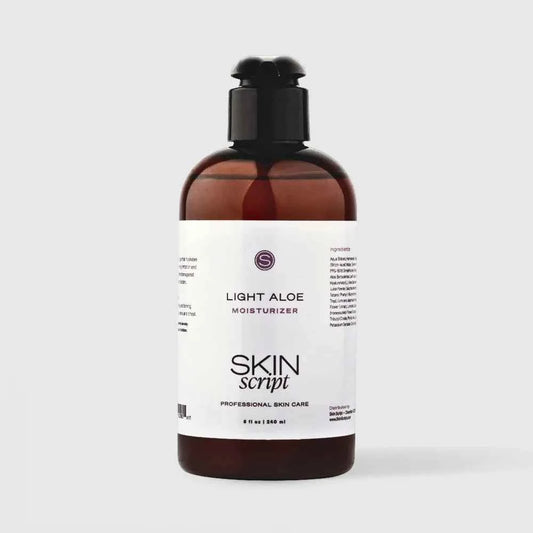 A bottle of Skin Script Light Aloe Moisturizer in an amber brown bottle with a black pump and a white label, set against a light gray background.