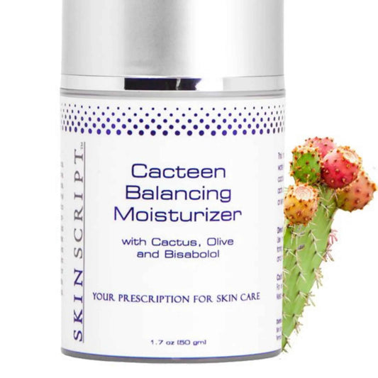A white bottle of SKINSRIPT Cacteen Balancing Moisturizer with a silver cap, shown next to a small potted prickly pear cactus on a plain white background.