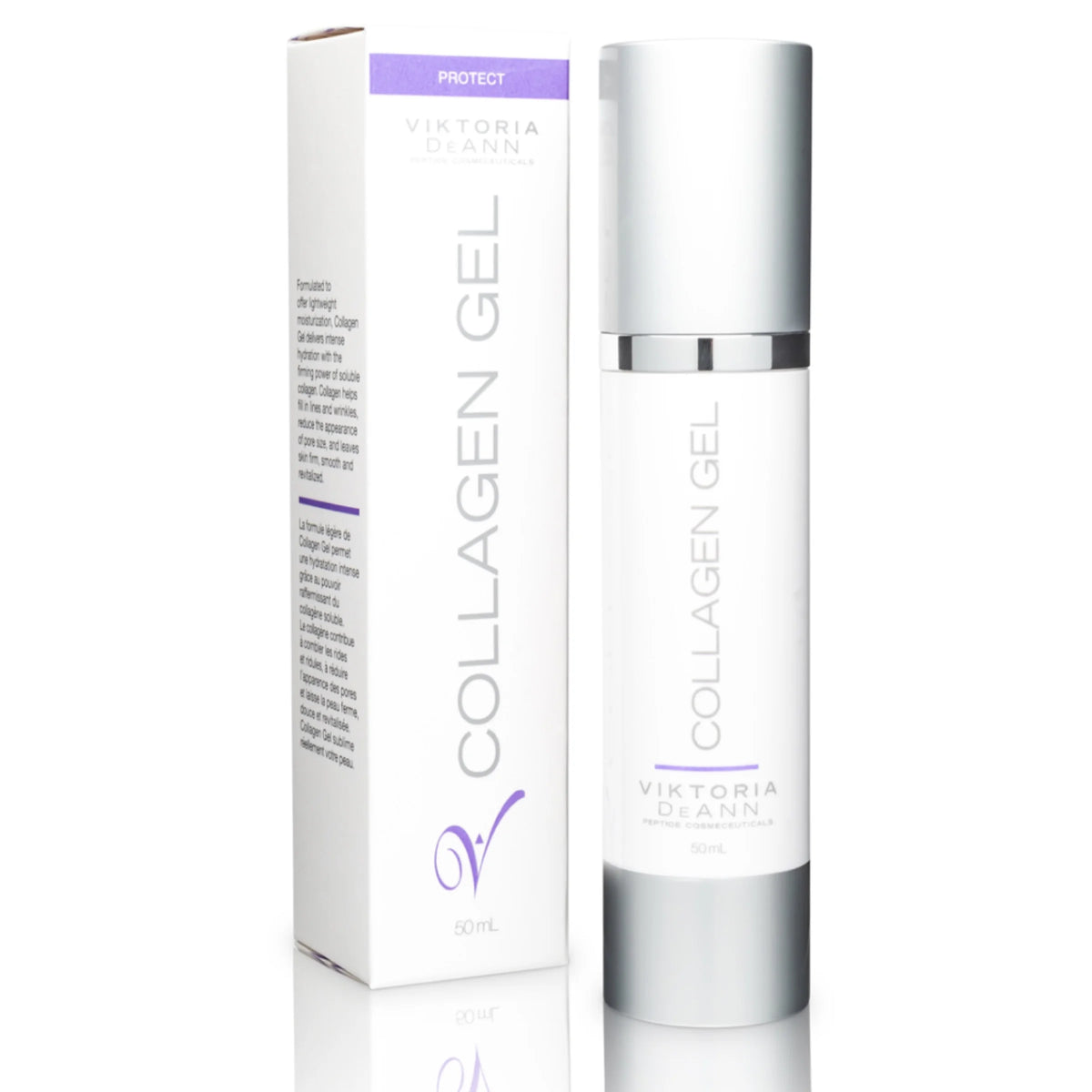 Viktoria Diann Protect Collagen Gel skincare bottle and its matching white and silver packaging box, displayed on a clean white background with a subtle reflection.