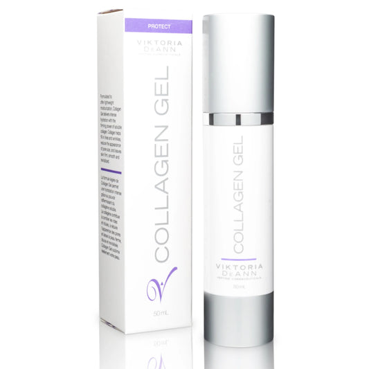 Viktoria Diann Protect Collagen Gel skincare bottle and its matching white and silver packaging box, displayed on a clean white background with a subtle reflection.