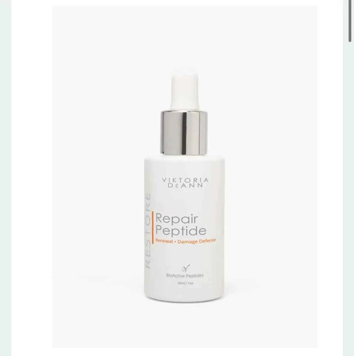 Victoria Drain Repair Peptide Bioactive Peptide serum in a white bottle with a silver pump dispenser, shown on a light gray background.