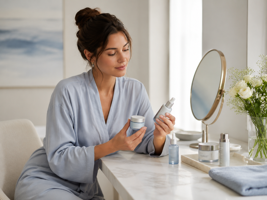 A woman in a light blue robe sits at a marble vanity table, holding skincare products next to a round mirror with a gold frame. The scene is styled with a vase of white flowers and other skincare items on the table.