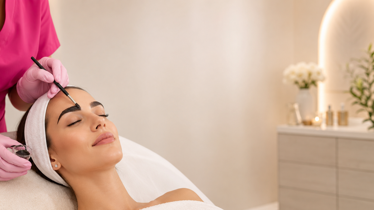A woman lies on a spa treatment bed while a practitioner in a pink uniform applies brow makeup with a small brush. The room is softly lit with warm neutral tones and spa decor in the background.