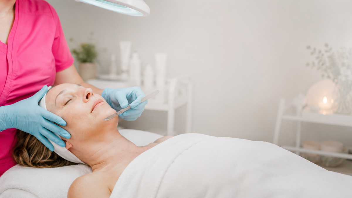 A woman lies on a treatment bed while a skincare practitioner in a pink uniform and blue gloves applies a facial treatment. The setting is a bright, clean beauty salon with white walls and shelves in the background.