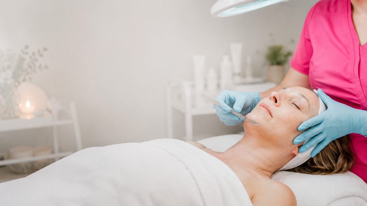 A woman lies on a treatment bed while a skincare practitioner in a pink uniform and blue gloves applies a mask to her face in a bright, clean spa room.