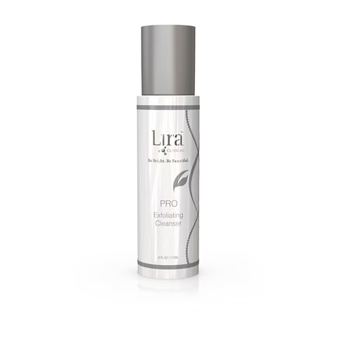 A bottle of Lira Organics Pro Exfoliating Cleanser with a silver cap and white label, set against a plain white background.