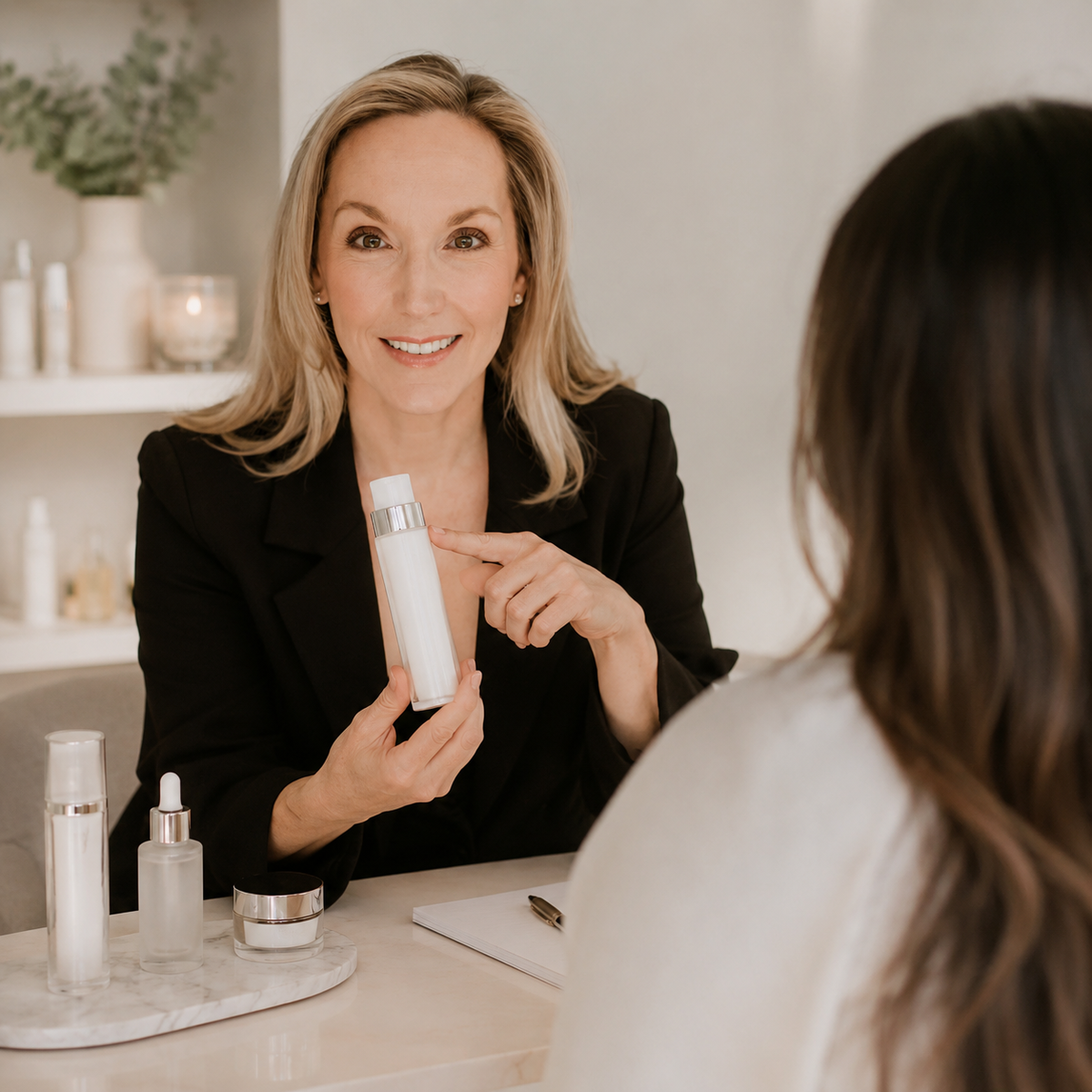 A woman in a black blazer holds a white skincare bottle with a silver cap, pointing at it while speaking to another woman seated across from her in a bright, modern beauty salon or home setting.