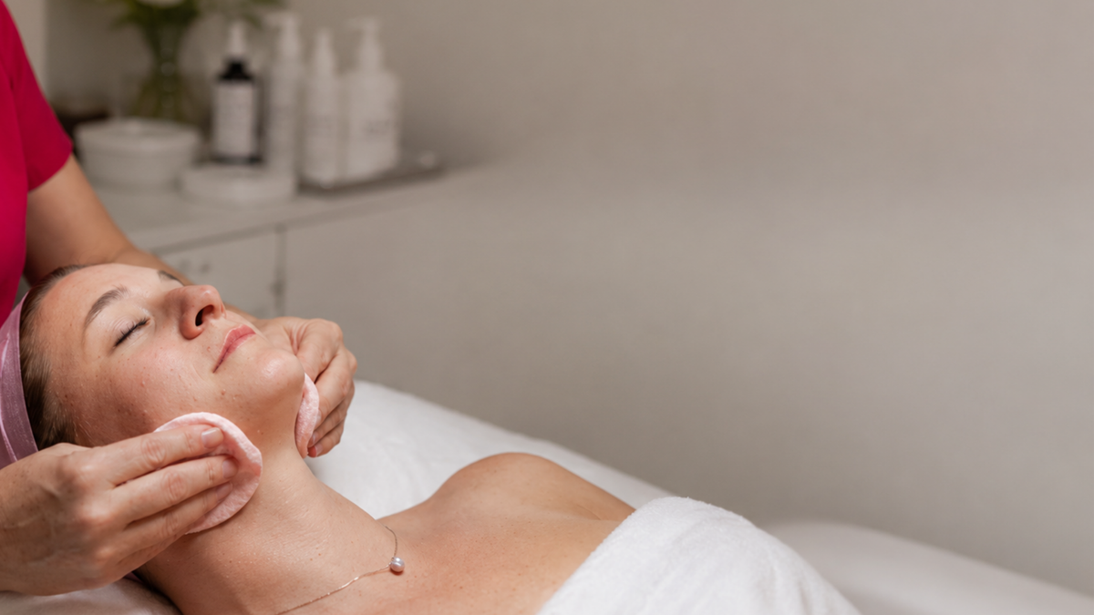 A woman receives a facial treatment while lying on a spa bed, with a practitioner's hands and arm visible as she has cotton pads applied to her face and neck. The room has a soft neutral color palette with a white treatment table and light beige walls.