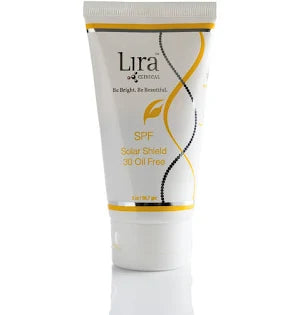 A white squeeze tube of Lira by Control SPF 30 Sunscreen with 'Solar Shield' and '30 Oil Free' text, featuring yellow and black accents, on a white background with a faint reflection.