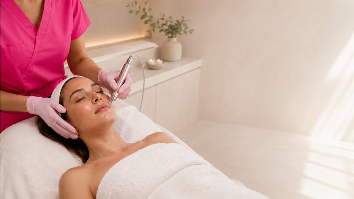A woman lies on a treatment bed while a spa practitioner in a bright pink uniform applies a facial treatment with a handheld device. The room is softly lit with warm neutral tones and minimal decor.