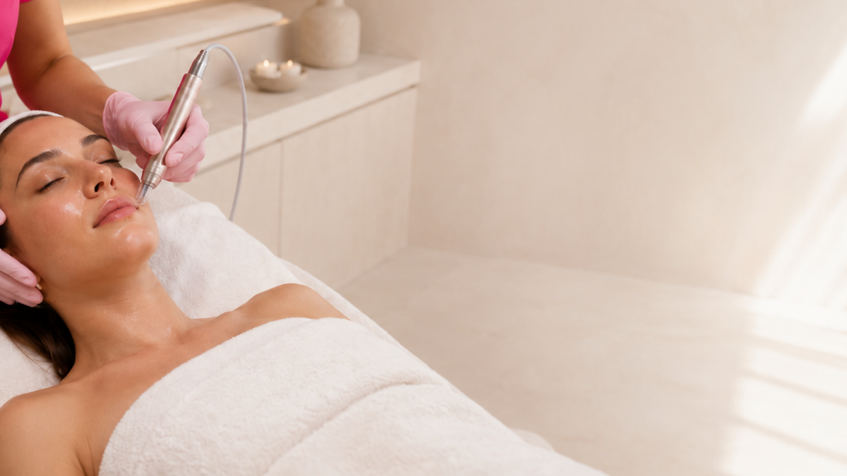 A woman lies on a spa treatment bed while a practitioner uses a handheld facial device on her face. The spa room has soft warm lighting, cream-colored walls, and a clean treatment table wrapped in a white towel.