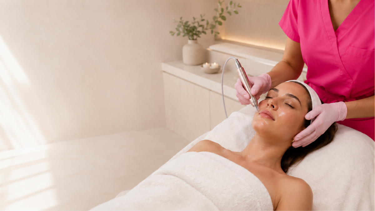 A woman receives a facial treatment while lying on a spa bed, with a practitioner in bright pink scrubs holding a device over her face. The room is softly lit with neutral beige tones and minimal decor.
