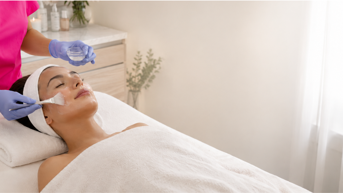 A woman lies on a spa treatment bed while a provider in a bright pink top applies a white facial mask with a spatula. The room is softly lit with neutral walls and a small plant in the background.