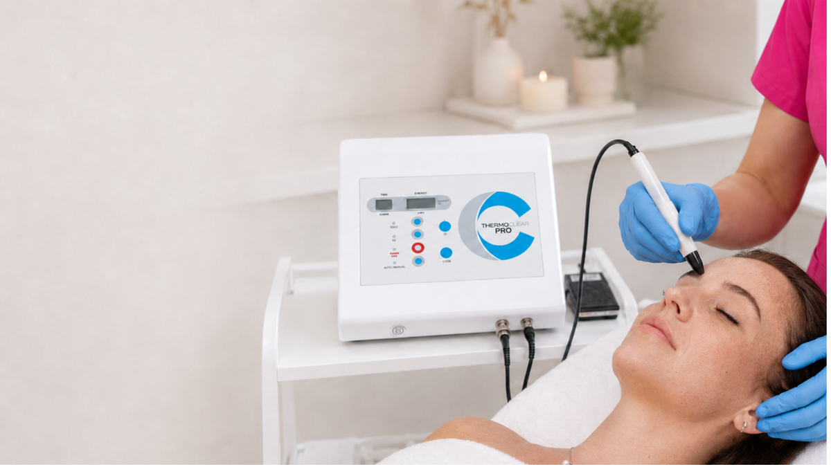 A beauty treatment device on a white cart with a woman lying down while a practitioner in blue gloves applies a treatment wand to her face. The device is white with blue and red accents and a circular logo.
