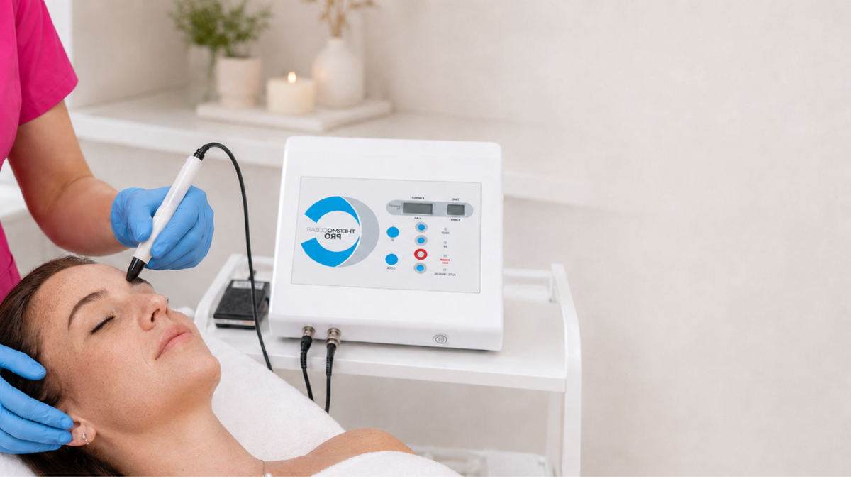 A beauty treatment device with a white control panel and blue logo sits on a white cart next to a woman receiving a facial treatment, with a practitioner in blue gloves applying a treatment on her forehead.