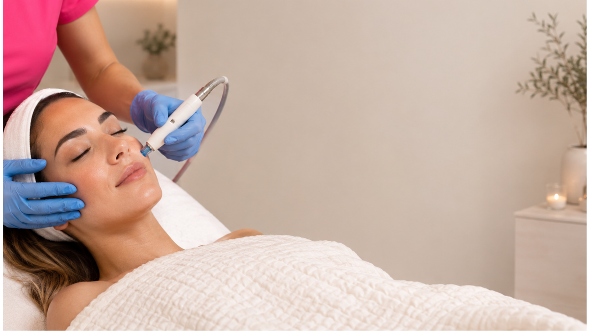 A woman lies on a treatment bed while a skincare provider in a pink top and blue gloves uses a handheld device on her face. She is covered with a white textured blanket in a softly lit spa-like room.